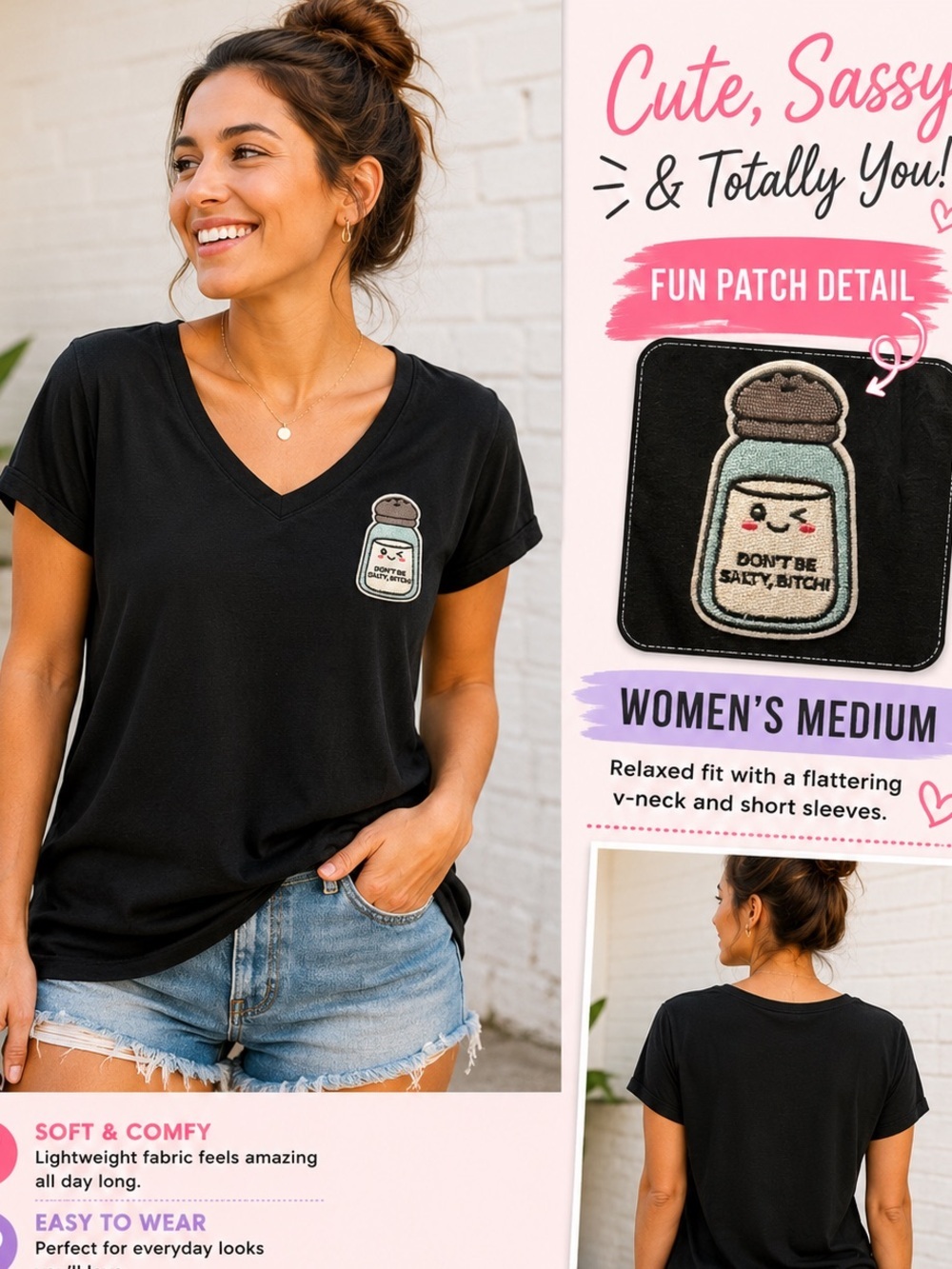 Don’t be a salty b Black VNeck Tee with Salt Shaker Patch MEDIUM